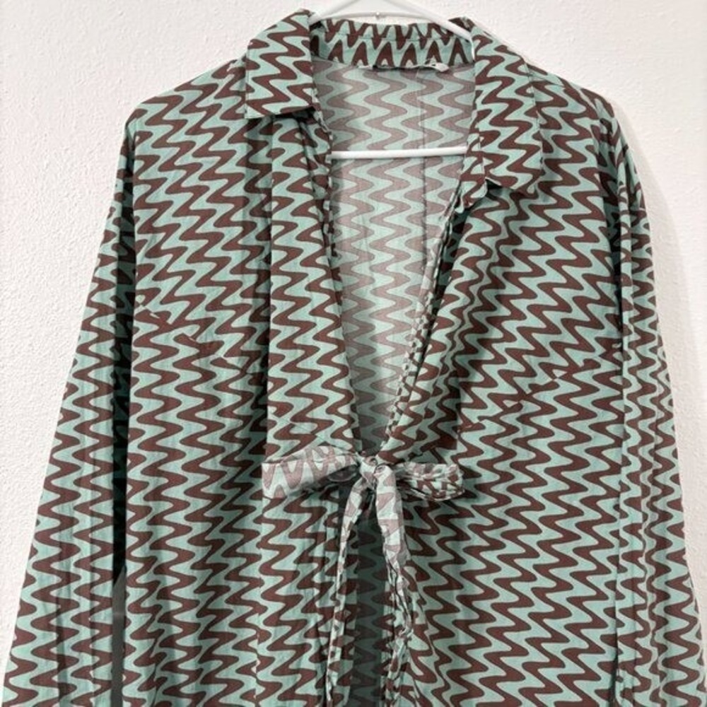 Zara Printed Tunic Long Sleeve Side Slit Front Tie Closure Retro Size XL - Picture 3 of 11